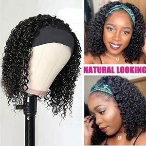 Curly Human Hair Headband Wig Natural Black 12 Inch Glueless EUC